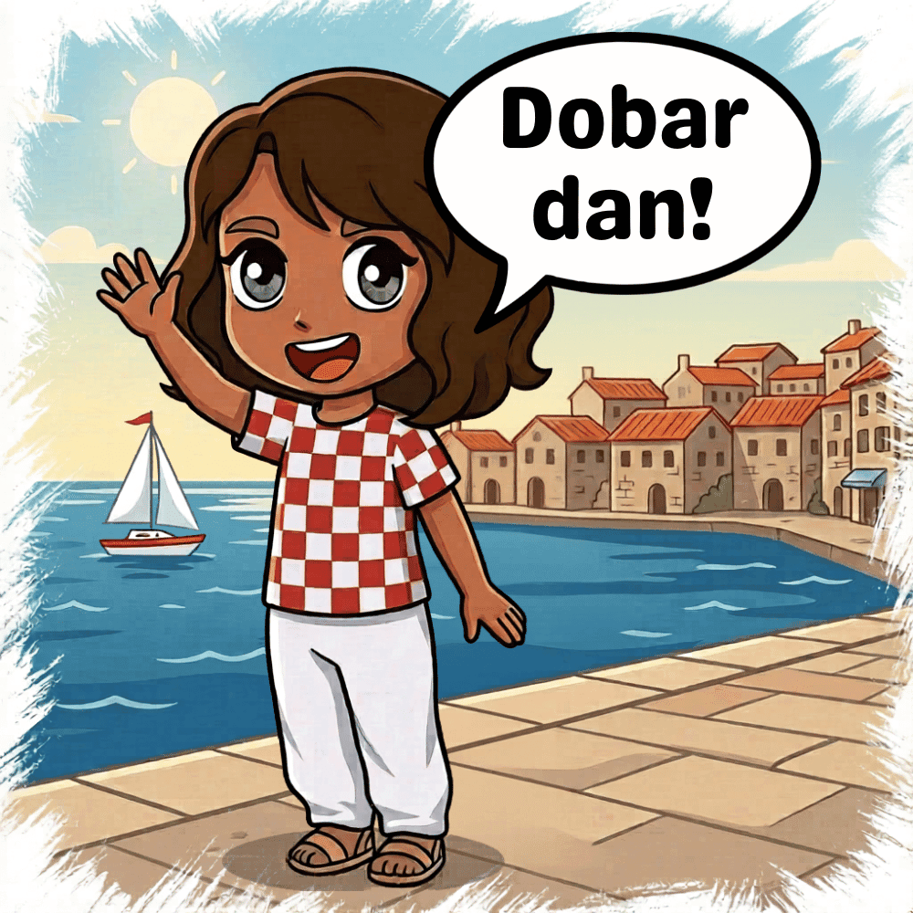 Ivana, die Kroatisch-Tutorin, winkt am kroatischen Meer und sagt „Dobar dan!“
