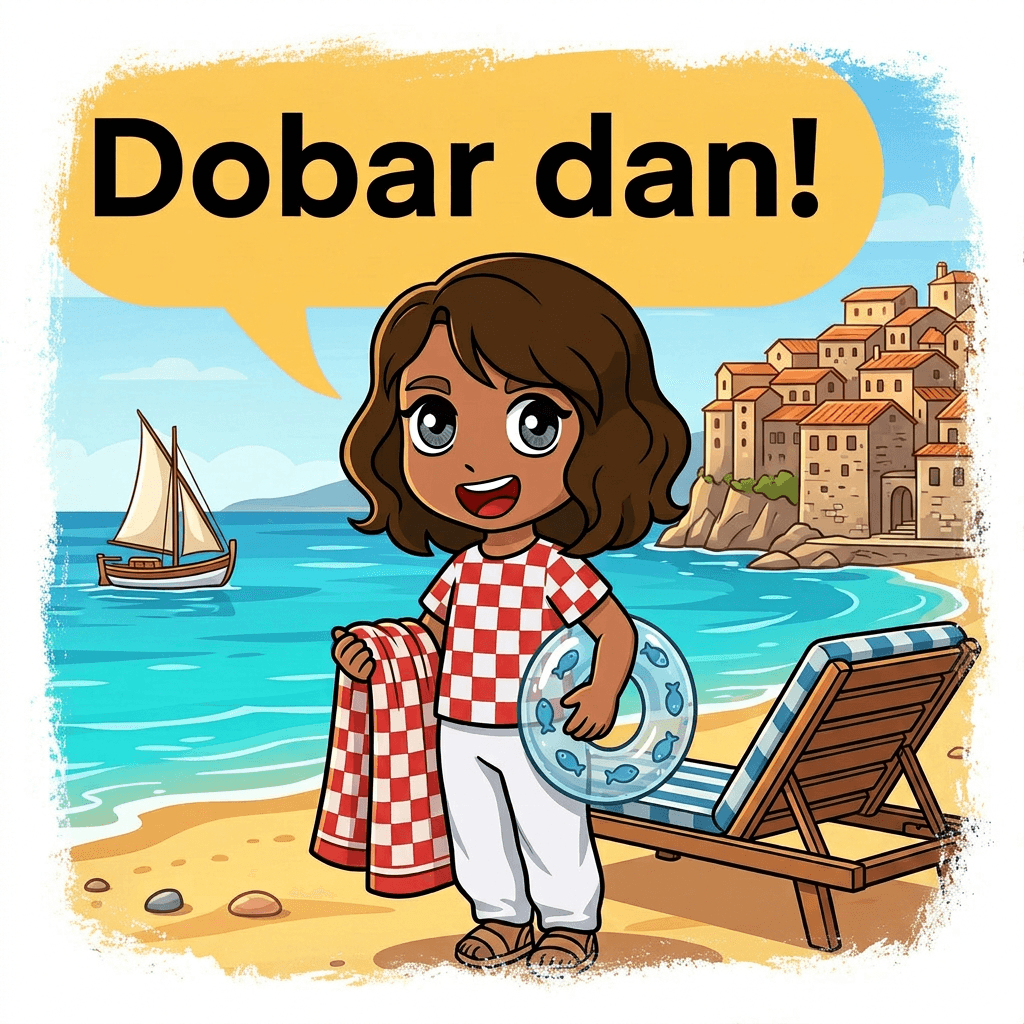 Ivana am Strand in Kroatien, winkt und sagt „Dobar dan!“